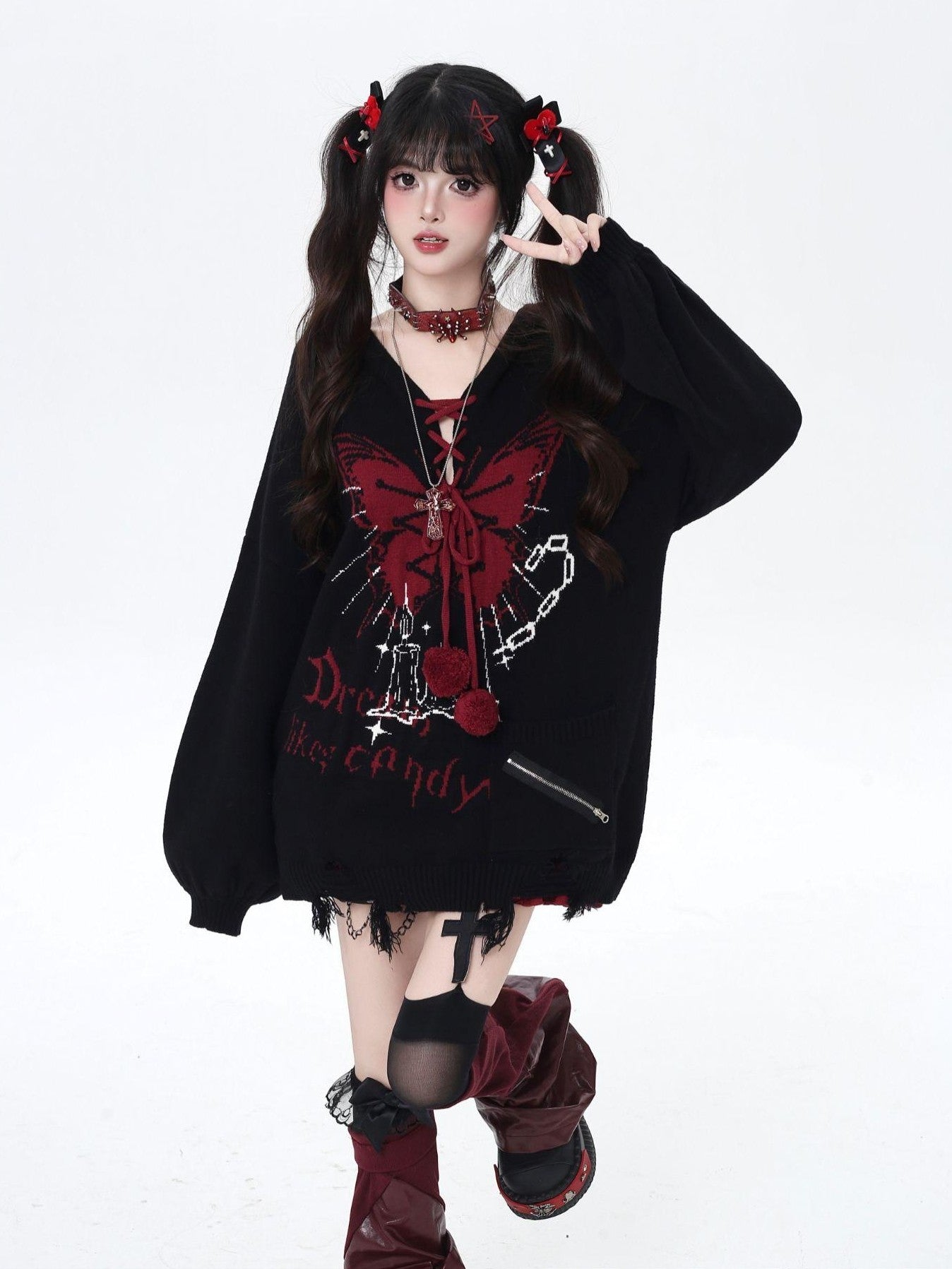 Crazy Girl Butterfly Bow V-neck Hooded Lantern Sleeve Loose Women&