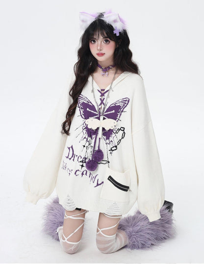Crazy Girl Butterfly Bow V-neck Hooded Lantern Sleeve Loose Women&
