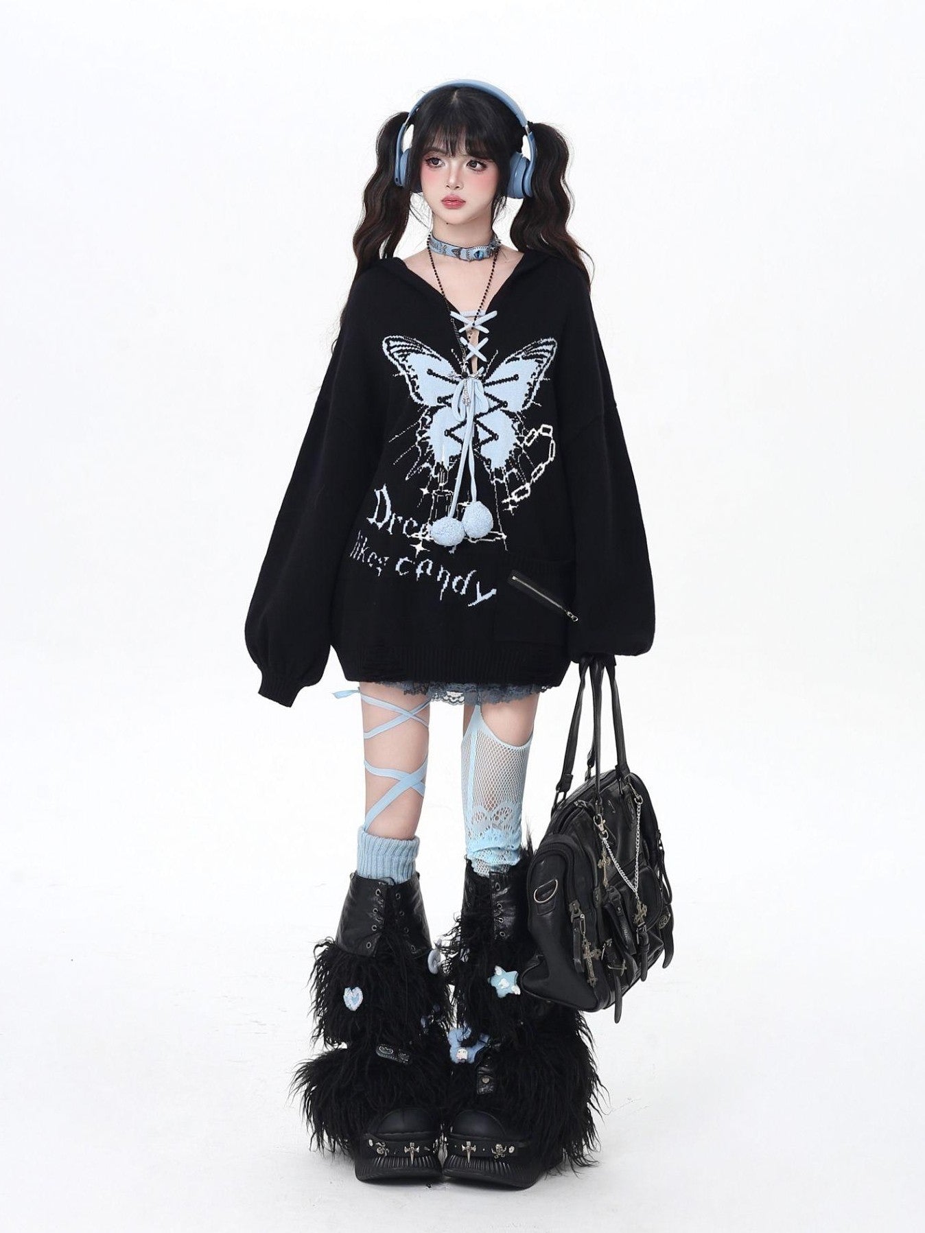 Crazy Girl Butterfly Bow V-neck Hooded Lantern Sleeve Loose Women&