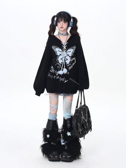 Crazy Girl Butterfly Bow V-neck Hooded Lantern Sleeve Loose Women&