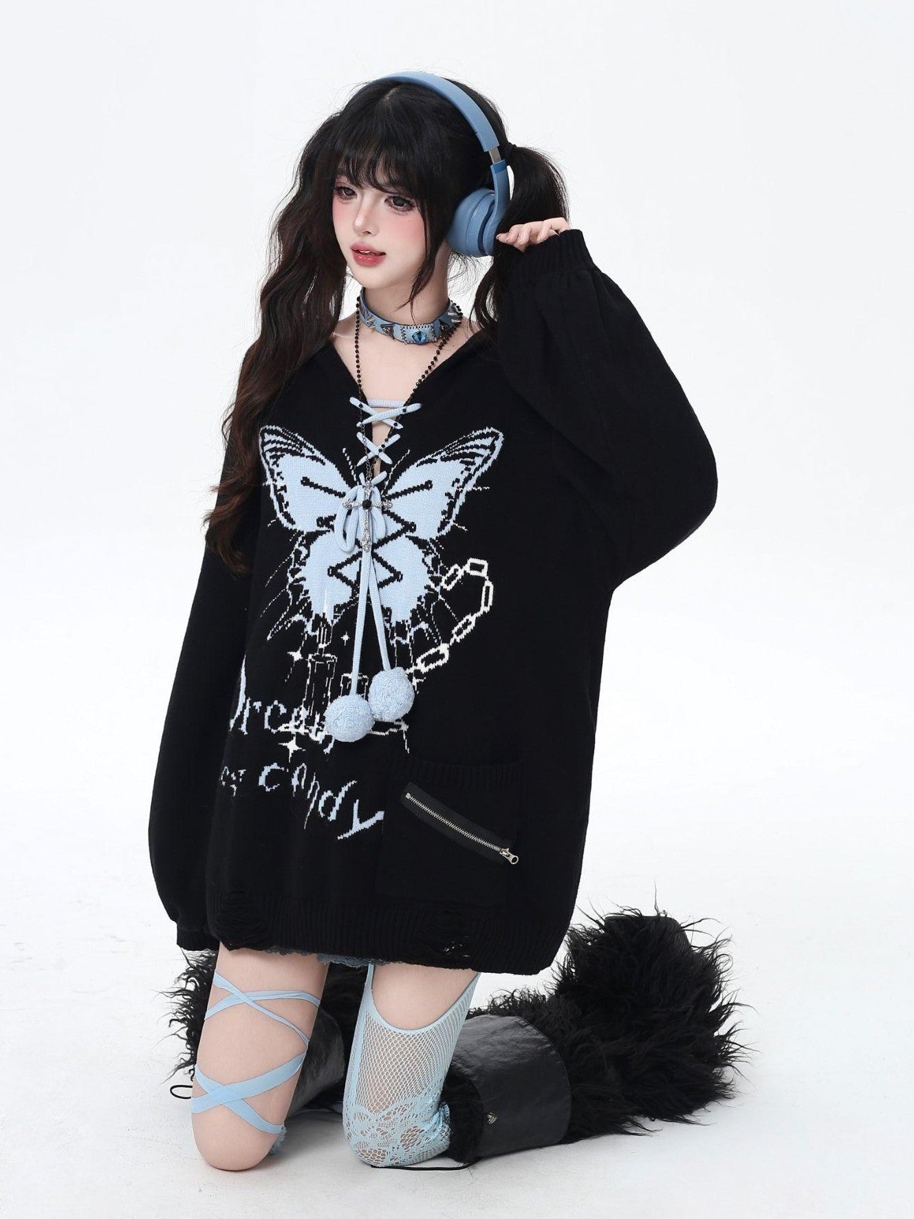 Crazy Girl Butterfly Bow V-neck Hooded Lantern Sleeve Loose Women&