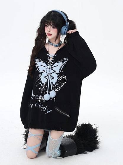 Crazy Girl Butterfly Bow V-neck Hooded Lantern Sleeve Loose Women&