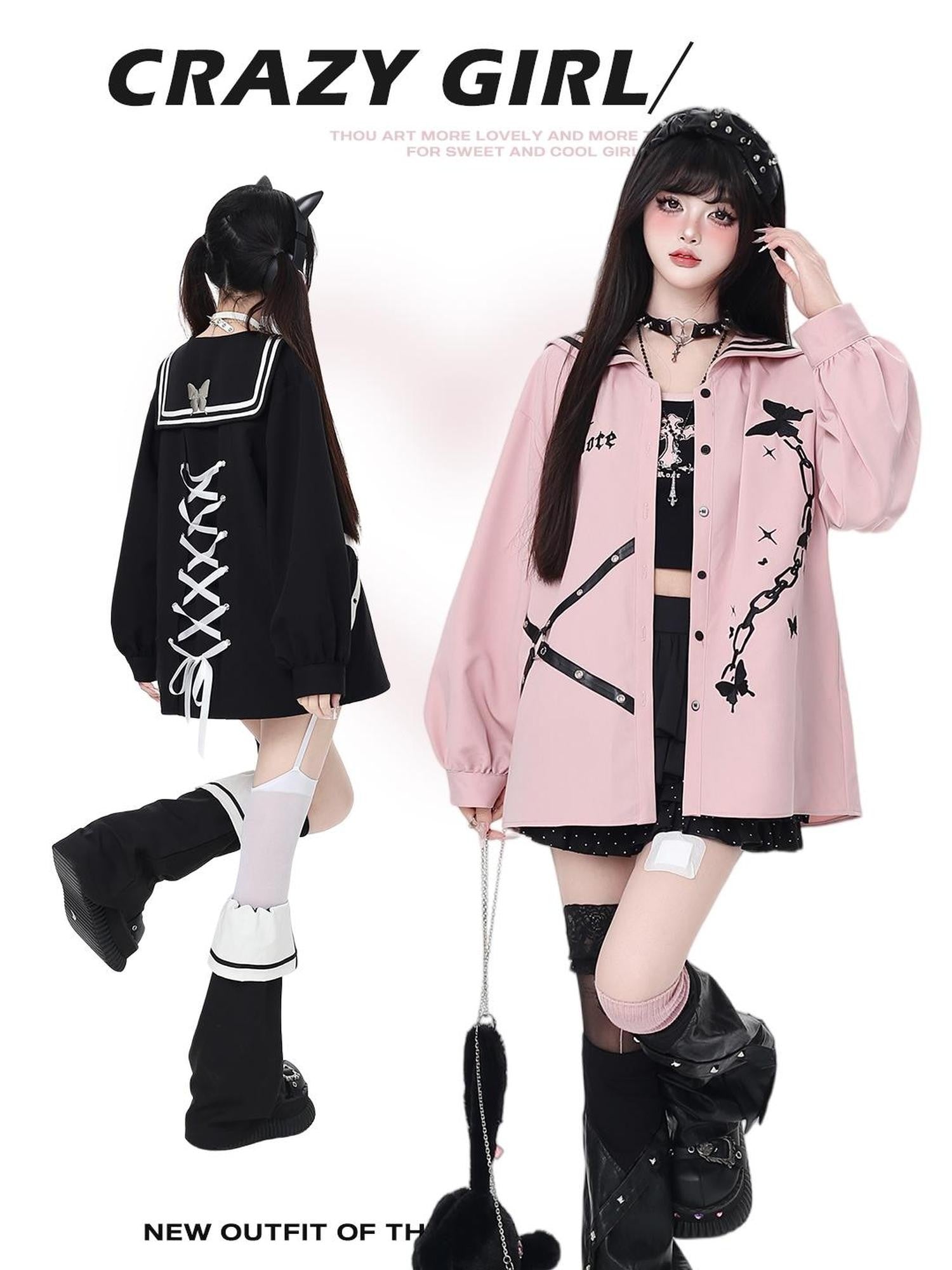 Crazy Girl Butterfly Embroidered Sailor Collar Hooded Puff Sleeves Loose Women&