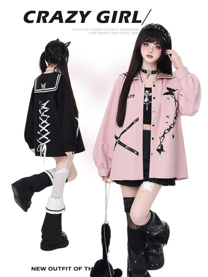 Crazy Girl Butterfly Embroidered Sailor Collar Hooded Puff Sleeves Loose Women&