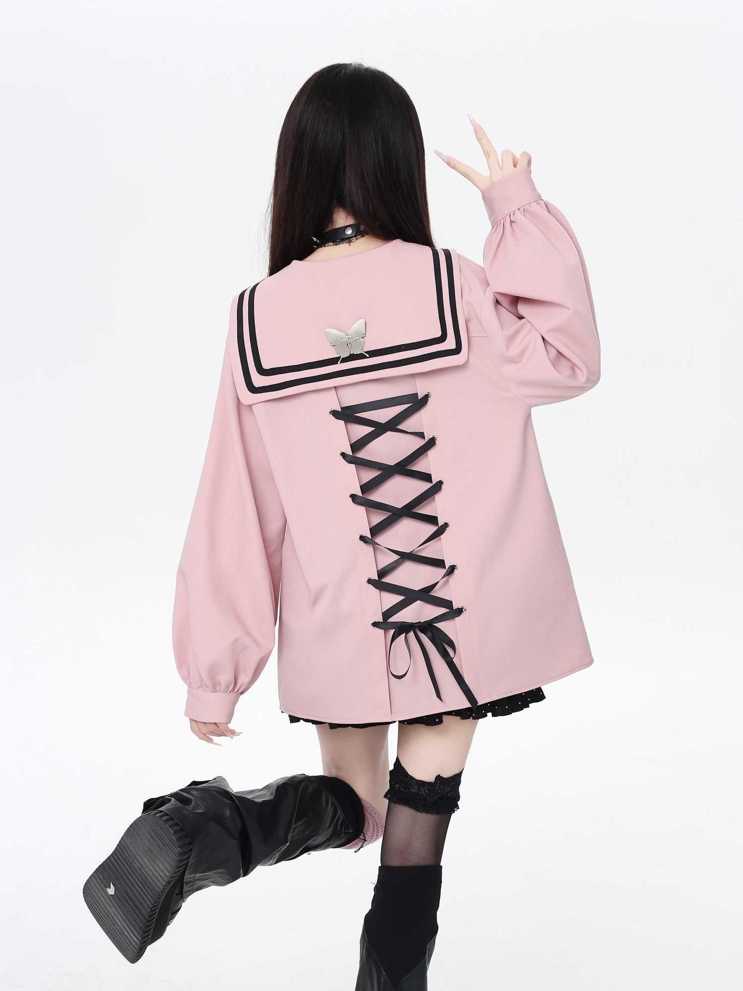 Crazy Girl Butterfly Embroidered Sailor Collar Hooded Puff Sleeves Loose Women&