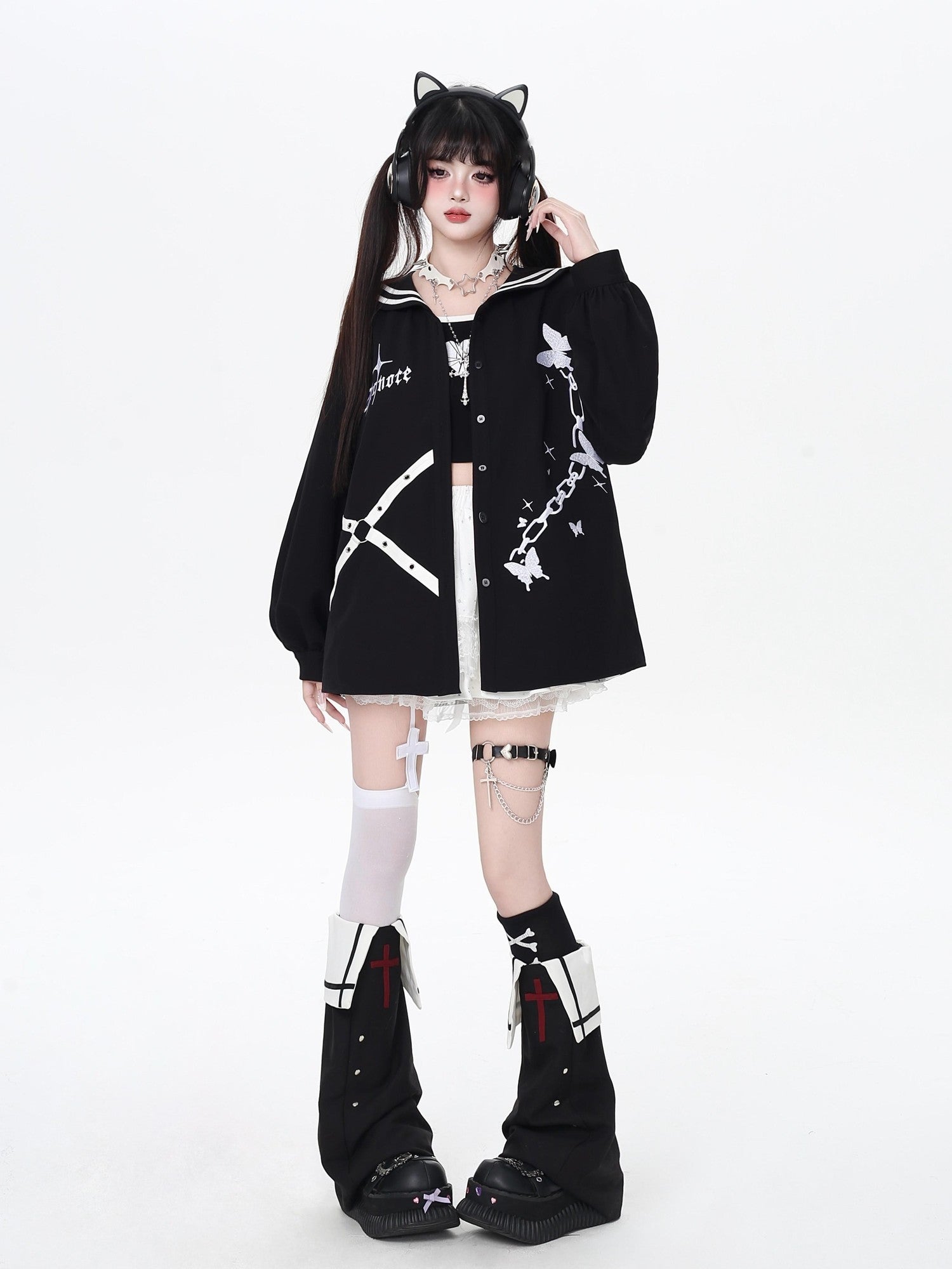 Crazy Girl Butterfly Embroidered Sailor Collar Hooded Puff Sleeves Loose Women&