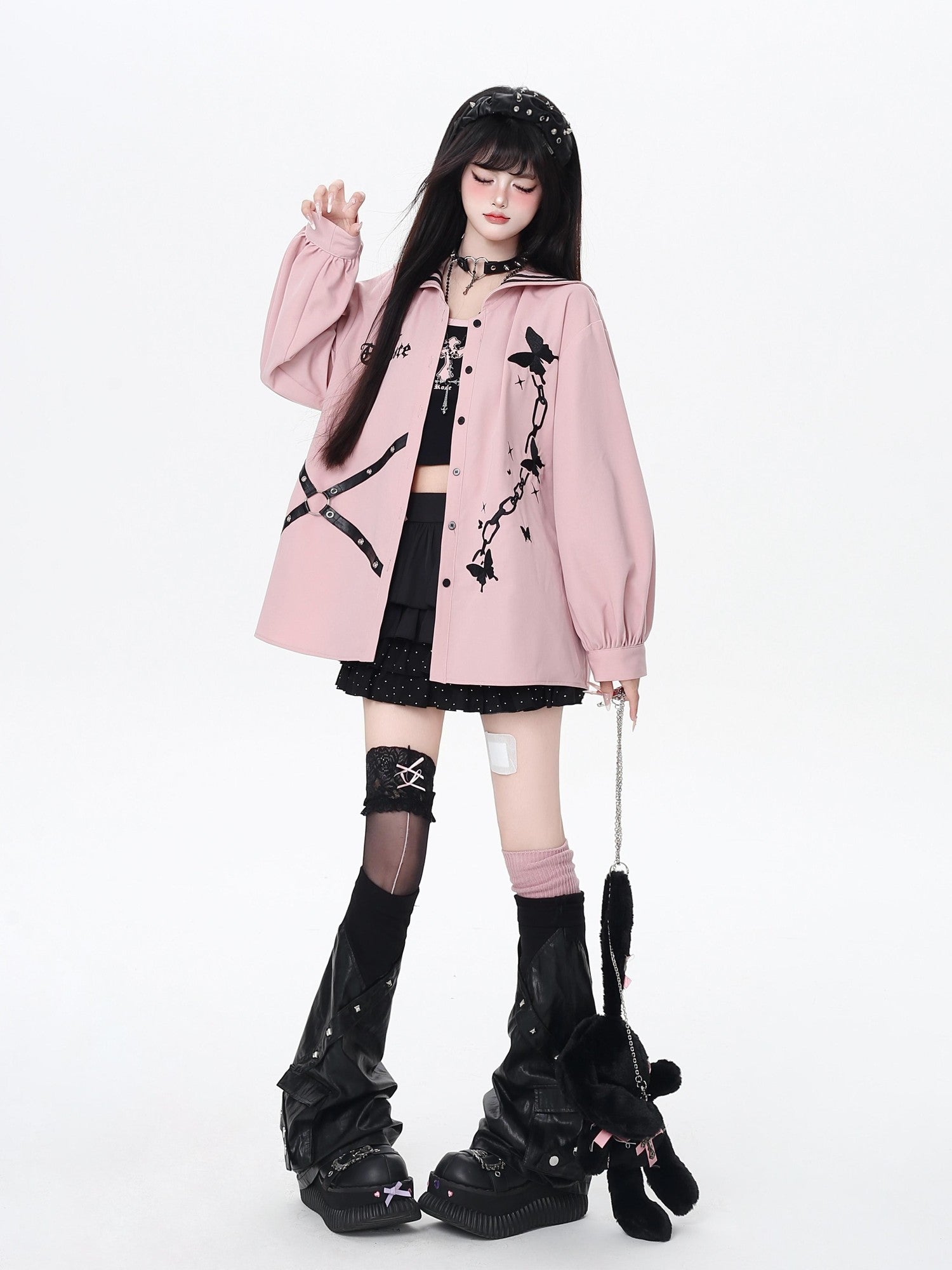 Crazy Girl Butterfly Embroidered Sailor Collar Hooded Puff Sleeves Loose Women&