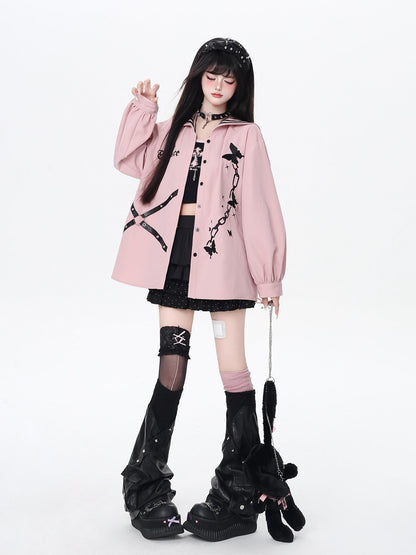 Crazy Girl Butterfly Embroidered Sailor Collar Hooded Puff Sleeves Loose Women&