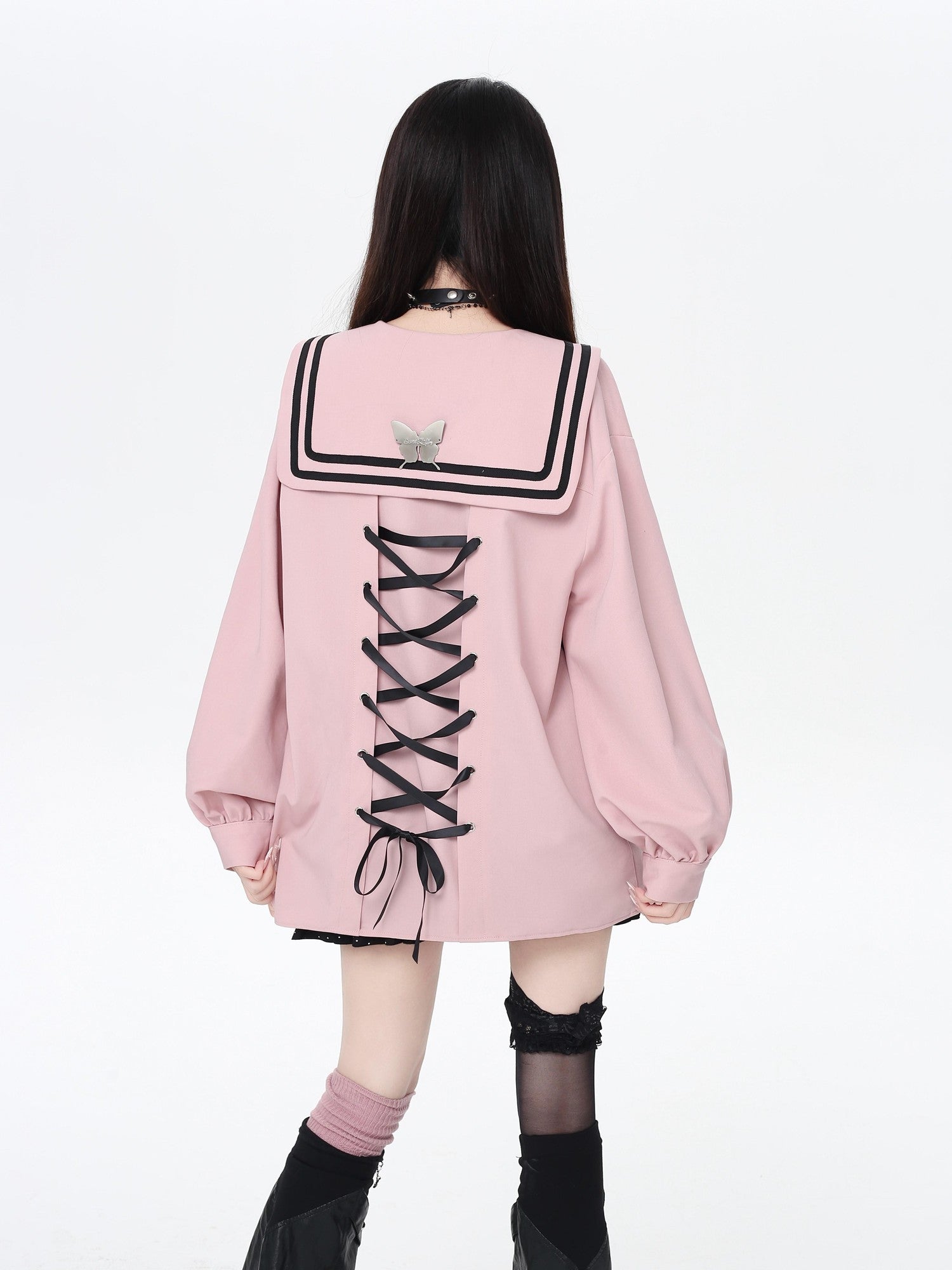 Crazy Girl Butterfly Embroidered Sailor Collar Hooded Puff Sleeves Loose Women&