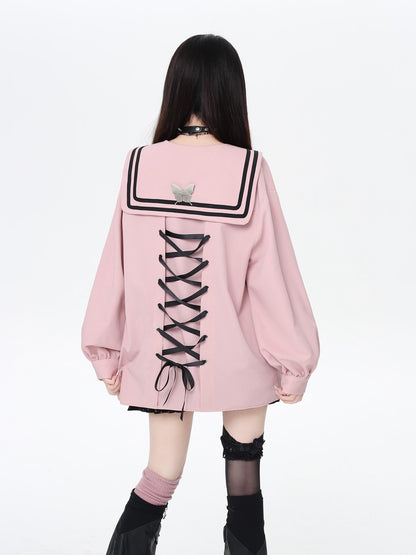 Crazy Girl Butterfly Embroidered Sailor Collar Hooded Puff Sleeves Loose Women&