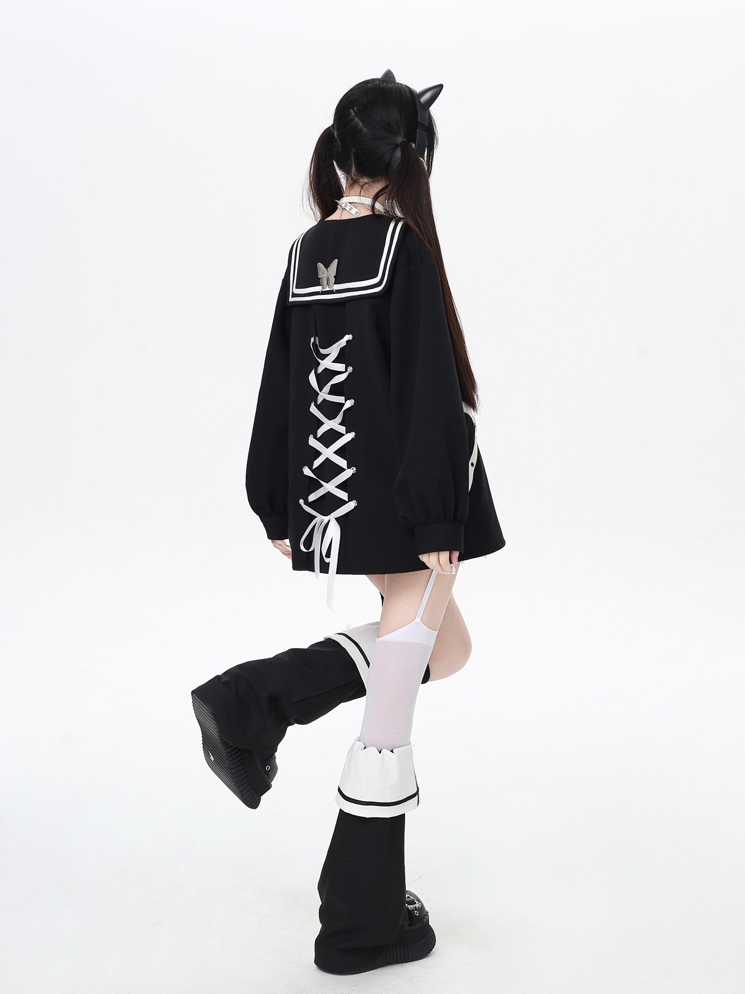 Crazy Girl Butterfly Embroidered Sailor Collar Hooded Puff Sleeves Loose Women&