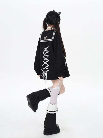 Crazy Girl Butterfly Embroidered Sailor Collar Hooded Puff Sleeves Loose Women&