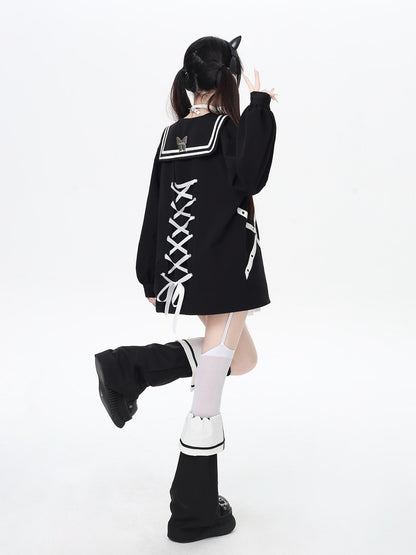 Crazy Girl Butterfly Embroidered Sailor Collar Hooded Puff Sleeves Loose Women&