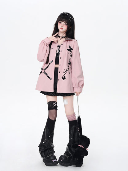 Crazy Girl Butterfly Embroidered Sailor Collar Hooded Puff Sleeves Loose Women&