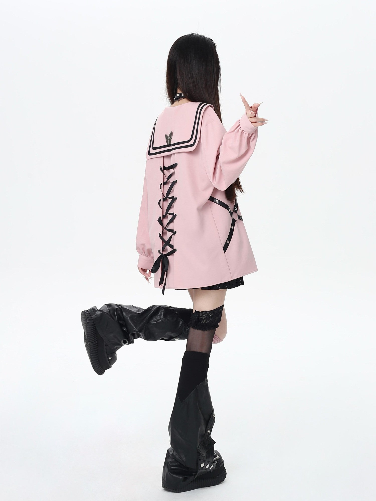 Crazy Girl Butterfly Embroidered Sailor Collar Hooded Puff Sleeves Loose Women&