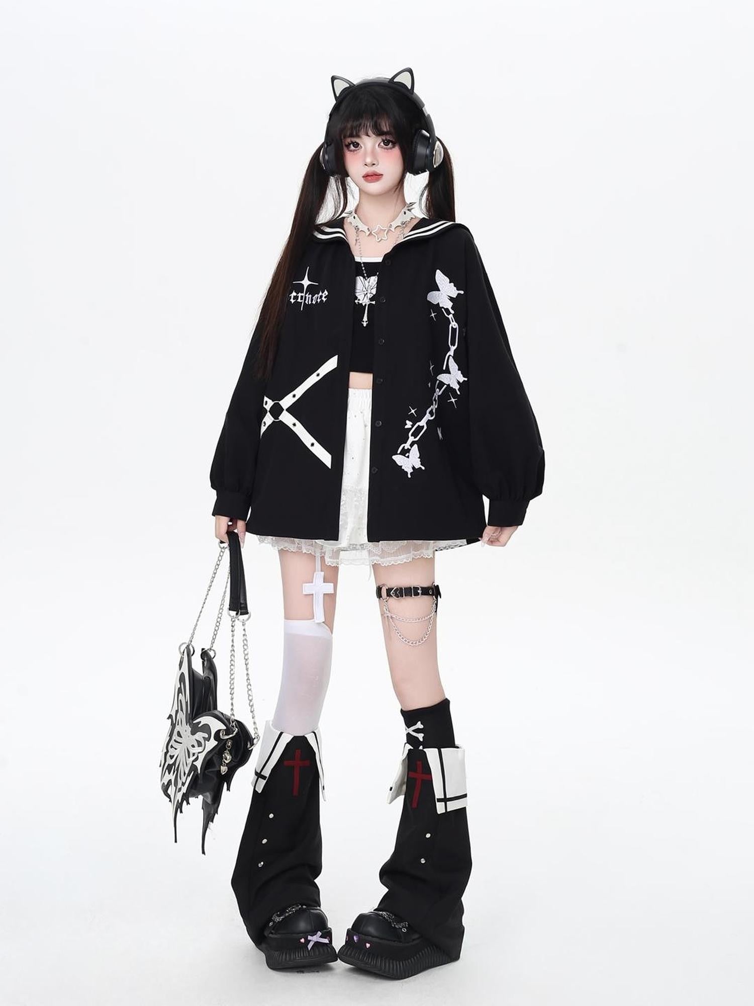 Crazy Girl Butterfly Embroidered Sailor Collar Hooded Puff Sleeves Loose Women&