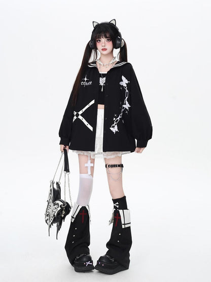 Crazy Girl Butterfly Embroidered Sailor Collar Hooded Puff Sleeves Loose Women&