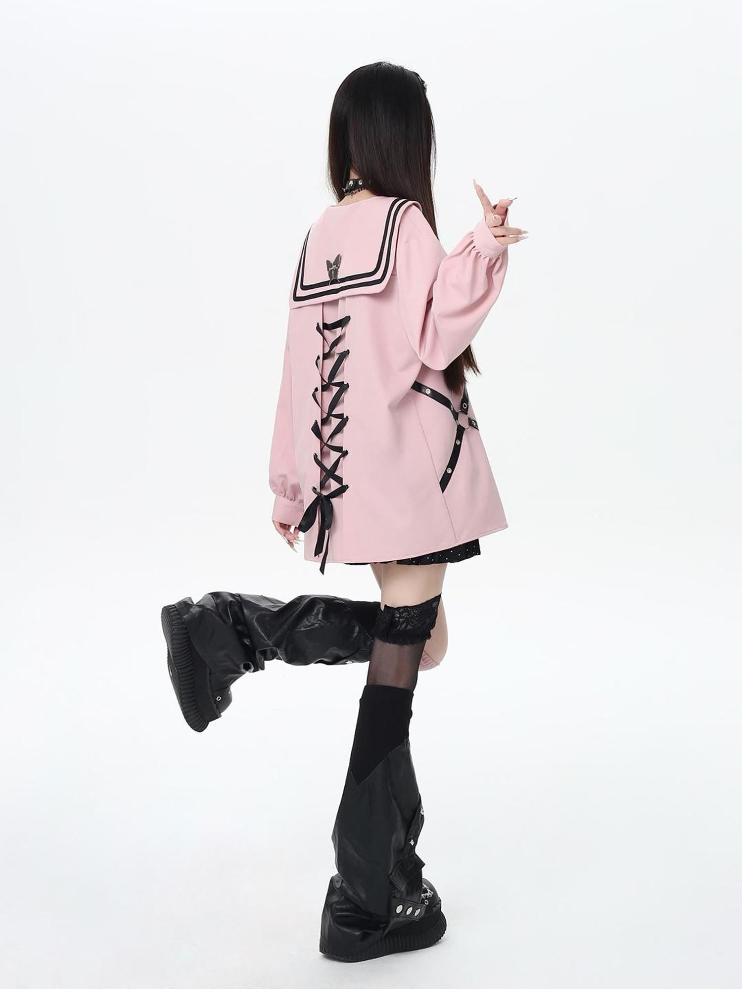 Crazy Girl Butterfly Embroidered Sailor Collar Hooded Puff Sleeves Loose Women&