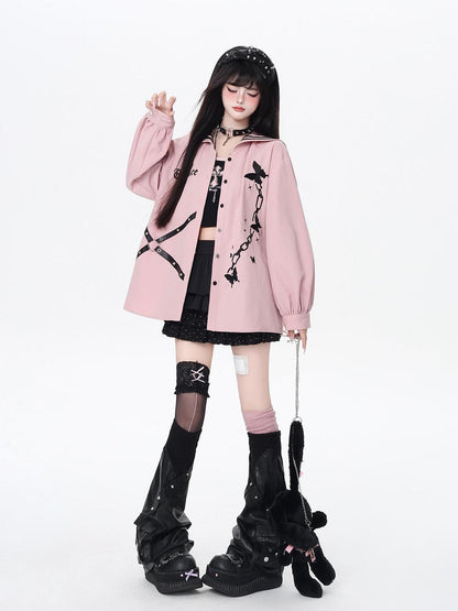 Crazy Girl Butterfly Embroidered Sailor Collar Hooded Puff Sleeves Loose Women&
