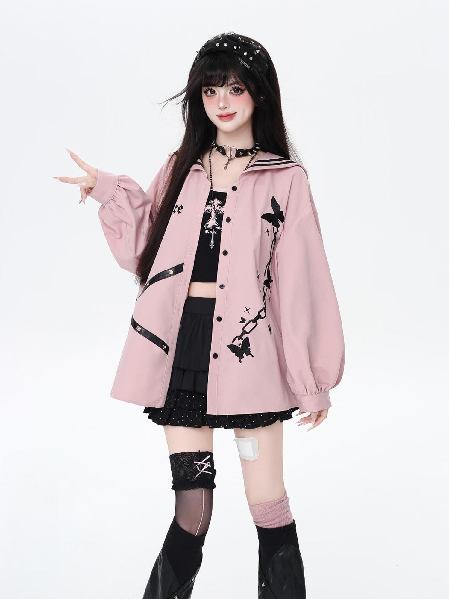Crazy Girl Butterfly Embroidered Sailor Collar Hooded Puff Sleeves Loose Women&