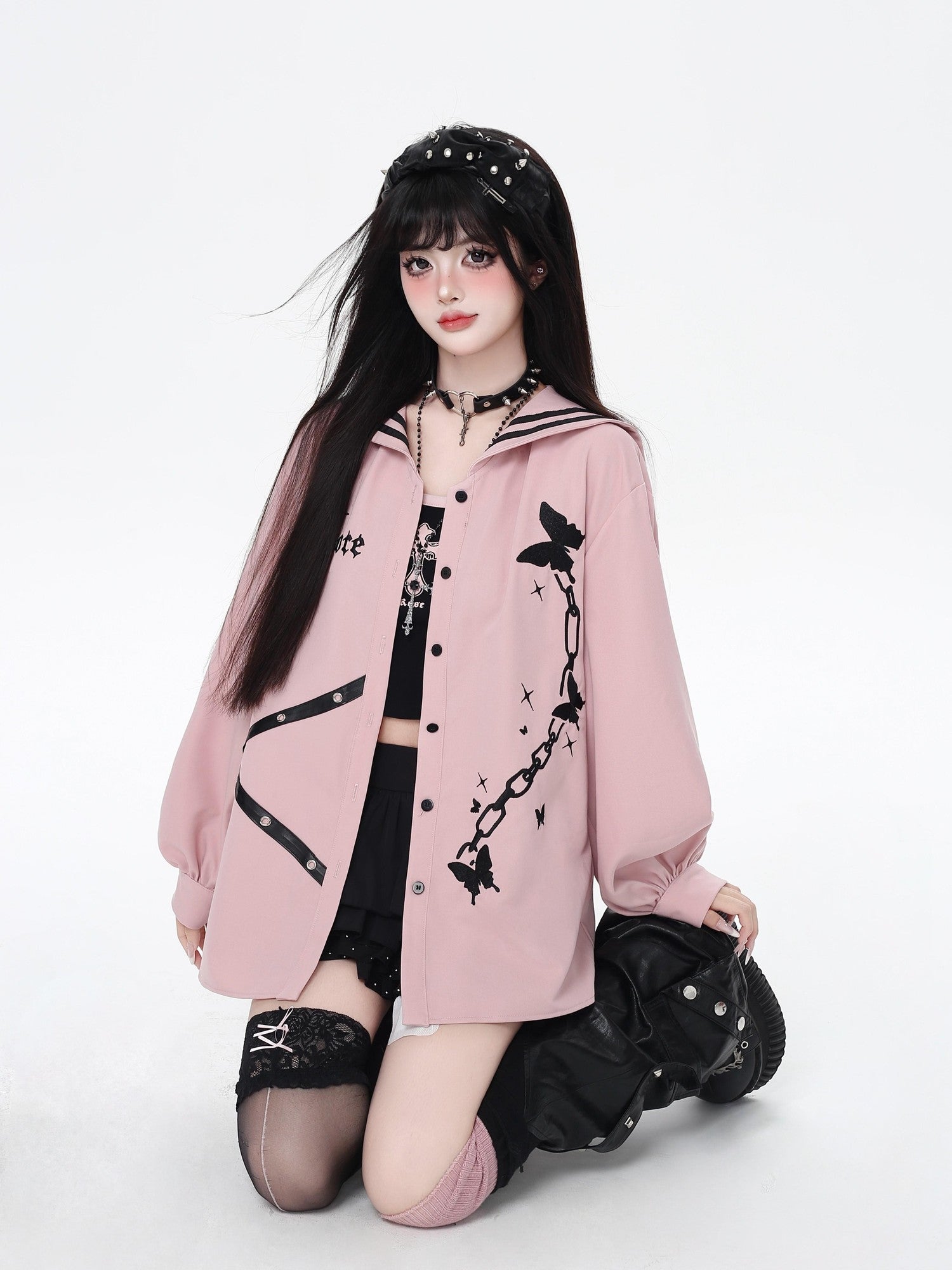 Crazy Girl Butterfly Embroidered Sailor Collar Hooded Puff Sleeves Loose Women&