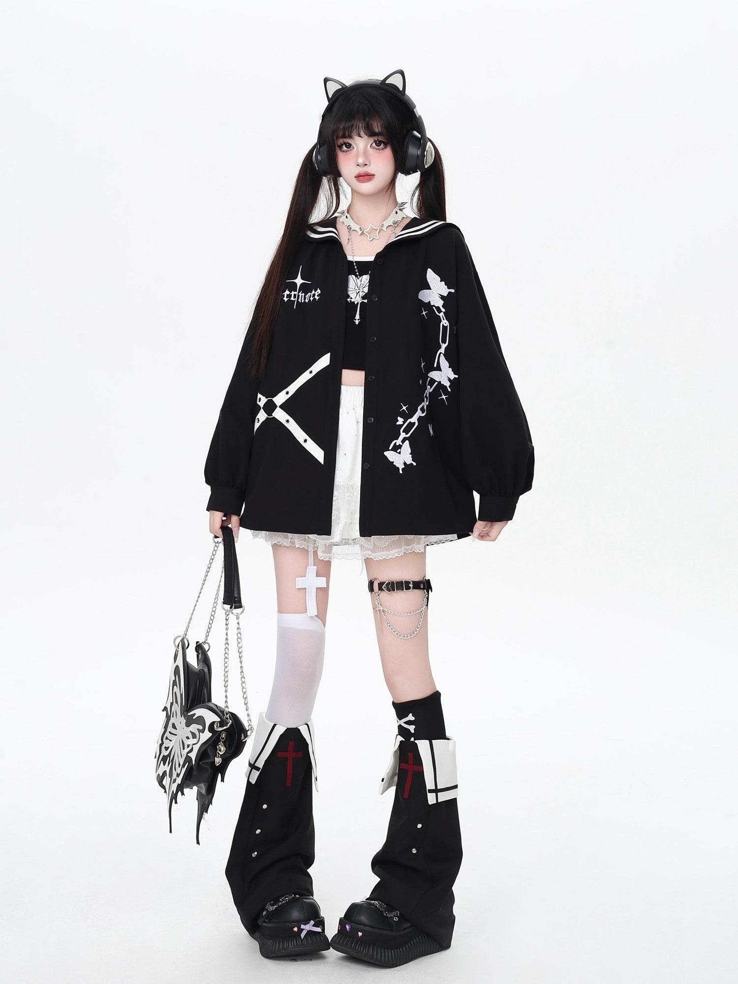 Crazy Girl Butterfly Embroidered Sailor Collar Hooded Puff Sleeves Loose Women&