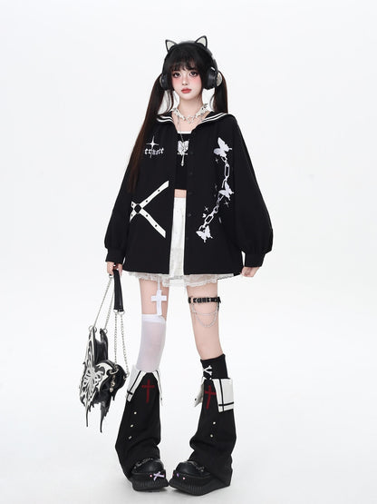 Crazy Girl Butterfly Embroidered Sailor Collar Hooded Puff Sleeves Loose Women&