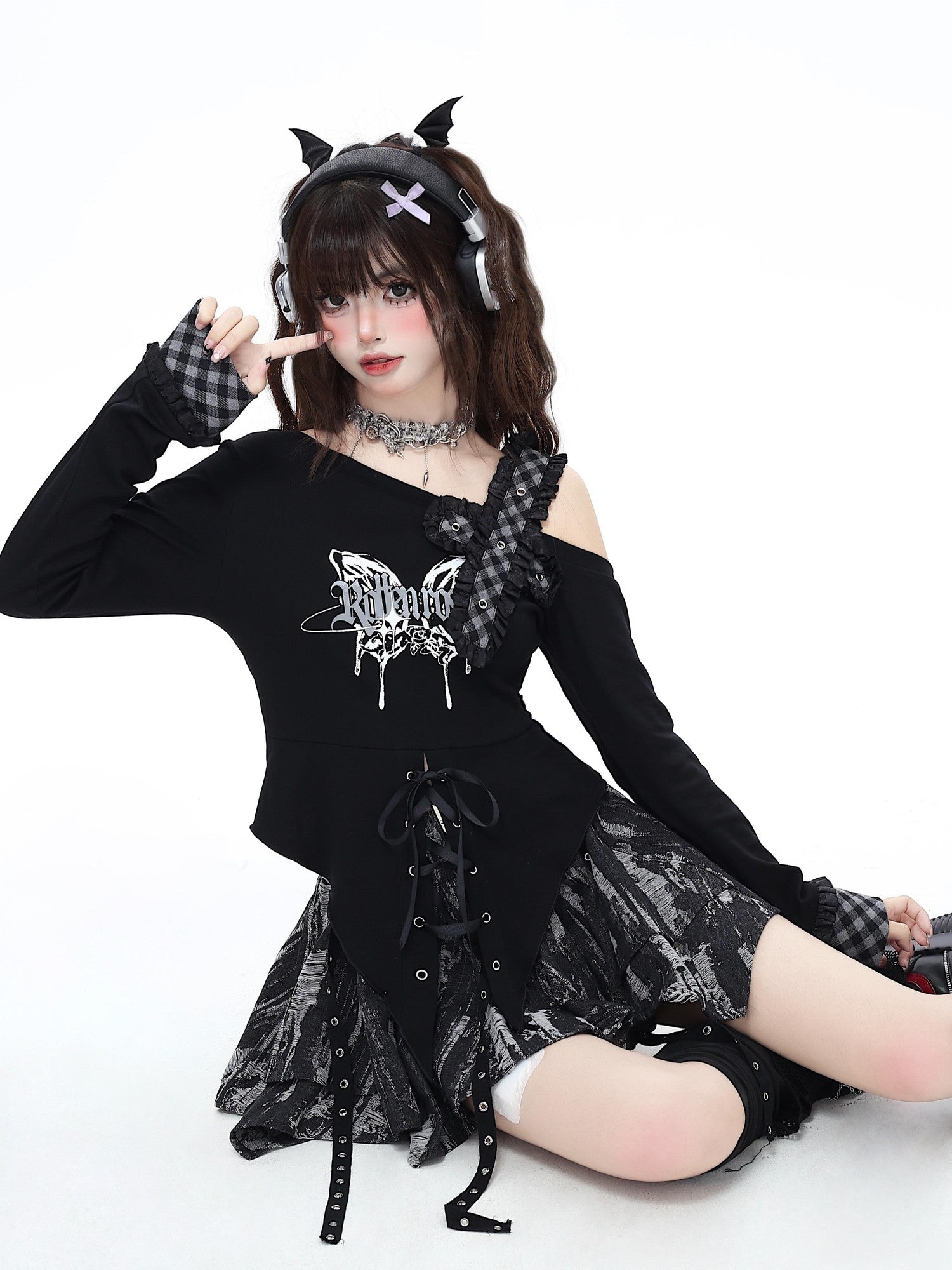 Crazy Girl Butterfly Gothic Irregular Hem Waist Cinched Women&