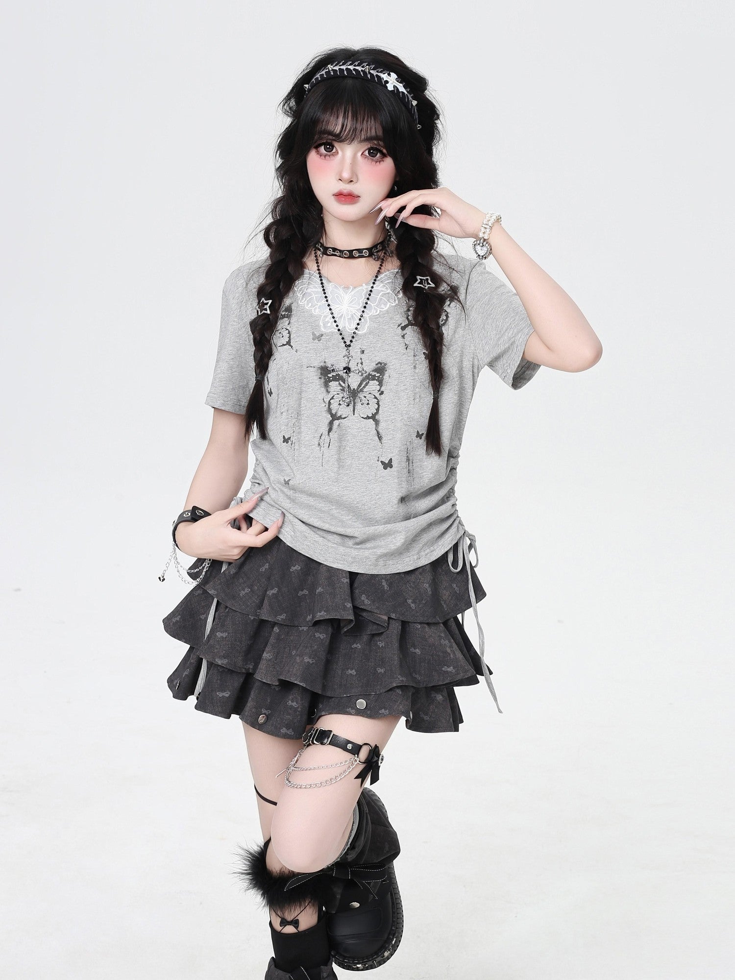 Crazy Girl Butterfly Lace Applique V-neck Cropped Slim Fit Women&