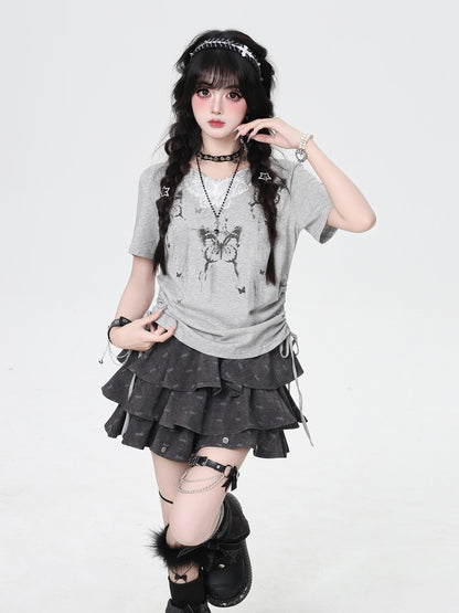 Crazy Girl Butterfly Lace Applique V-neck Cropped Slim Fit Women&