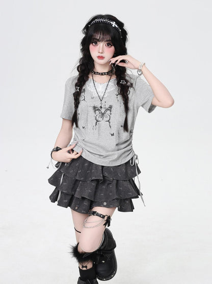 Crazy Girl Butterfly Lace Applique V-neck Cropped Slim Fit Women&