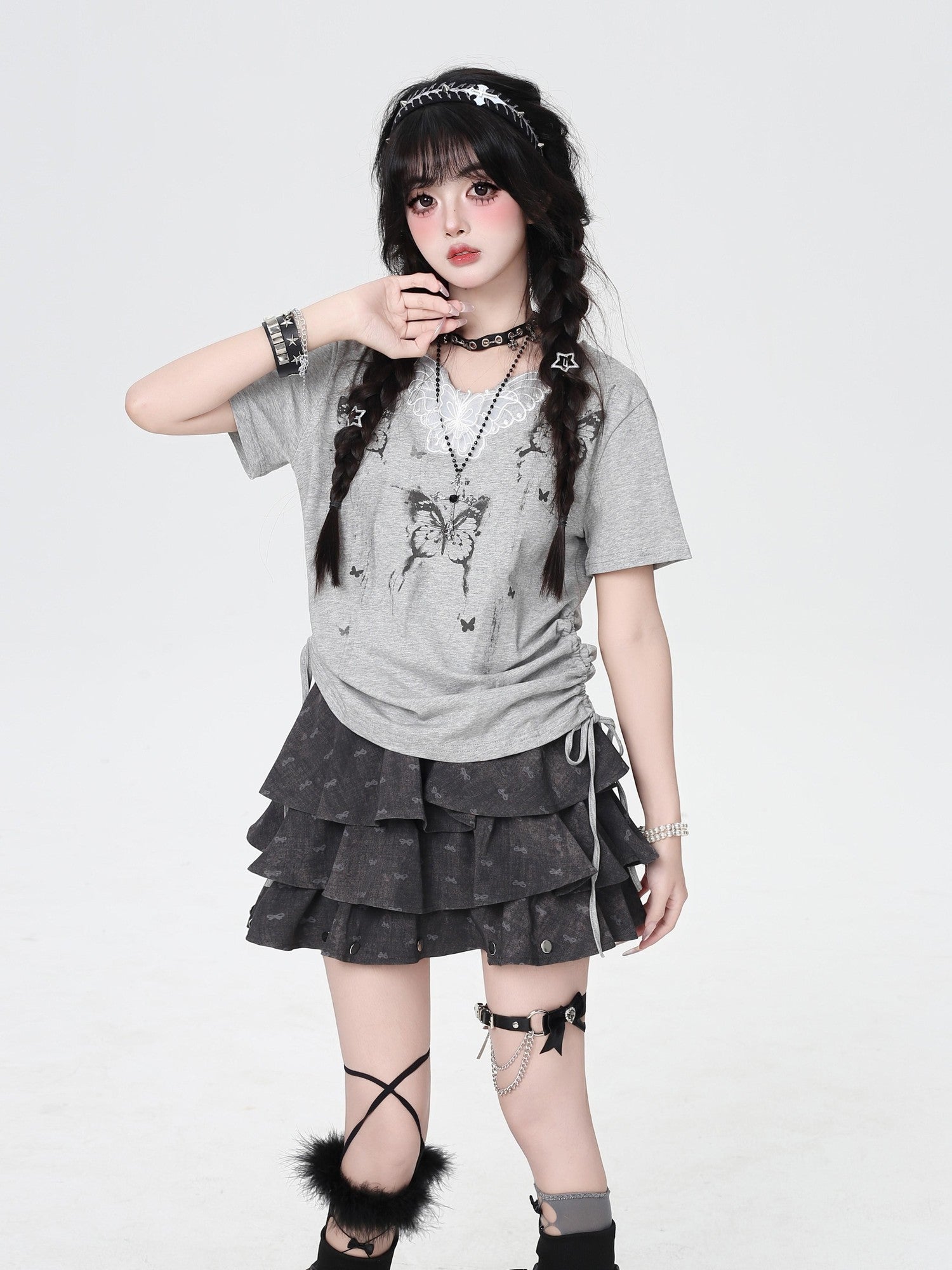 Crazy Girl Butterfly Lace Applique V-neck Cropped Slim Fit Women&