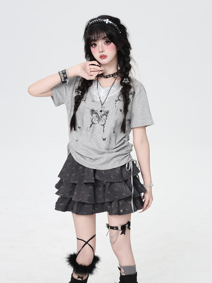 Crazy Girl Butterfly Lace Applique V-neck Cropped Slim Fit Women&