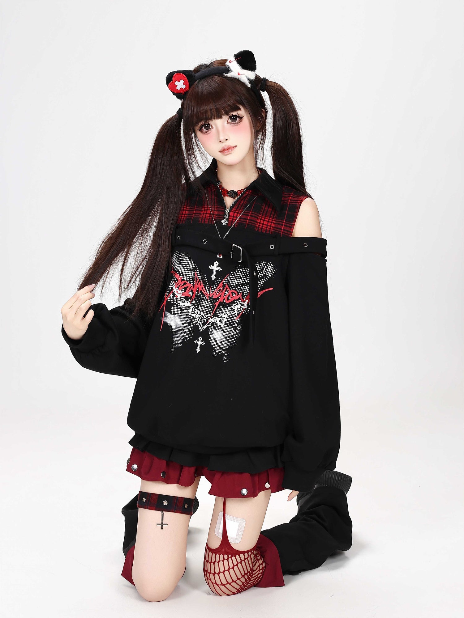 Crazy_Girl_Butterfly_Plaid_Patchwork_Half_Zip_Turndown_Collar_Women&