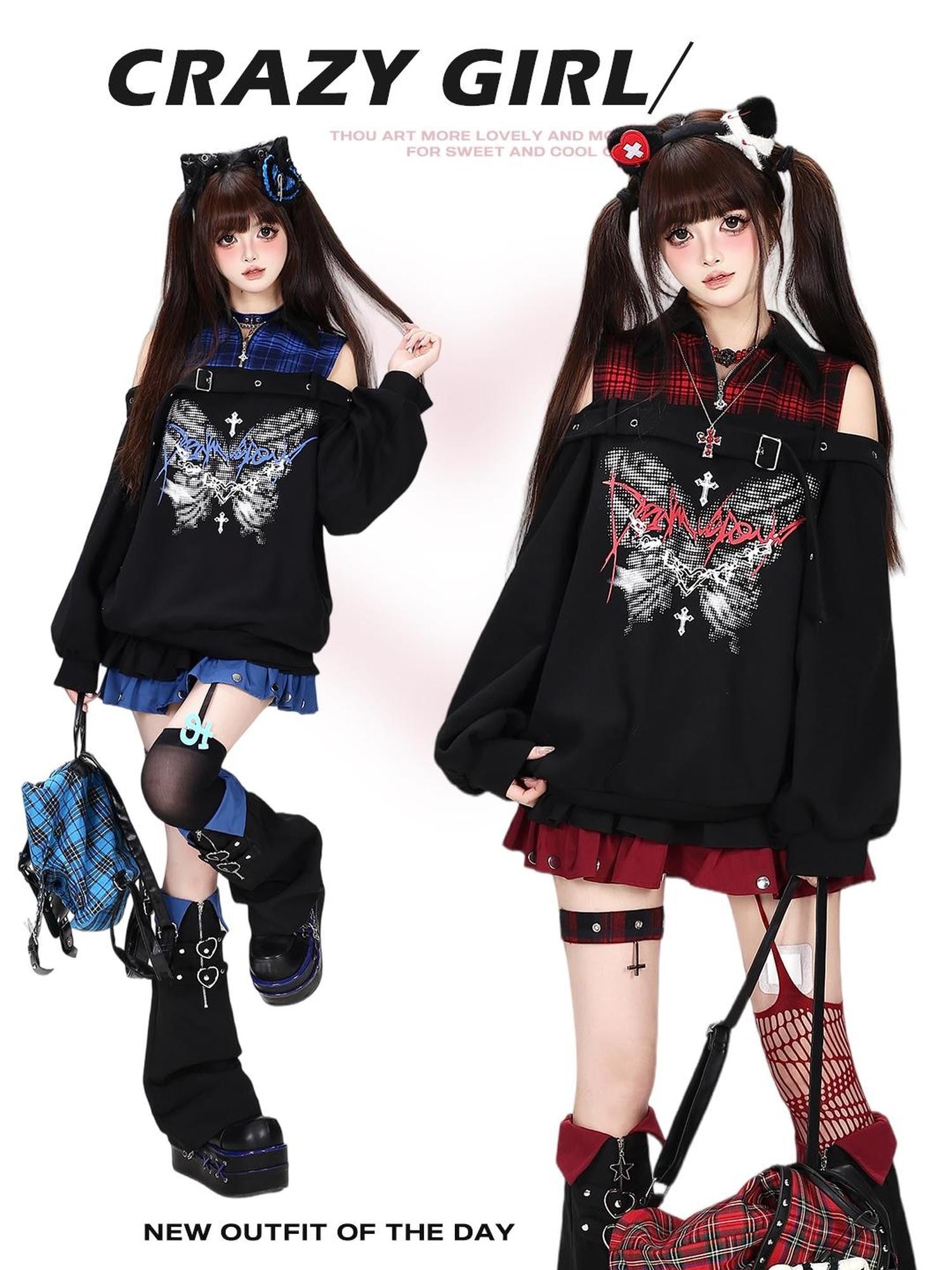 Crazy Girl Butterfly Plaid Patchwork Half Zip Turndown Collar Women&