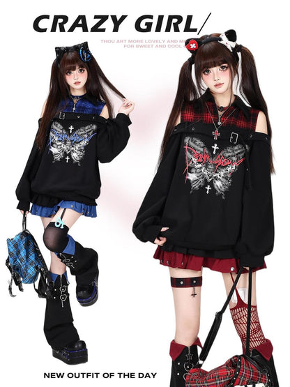 Crazy Girl Butterfly Plaid Patchwork Half Zip Turndown Collar Women&