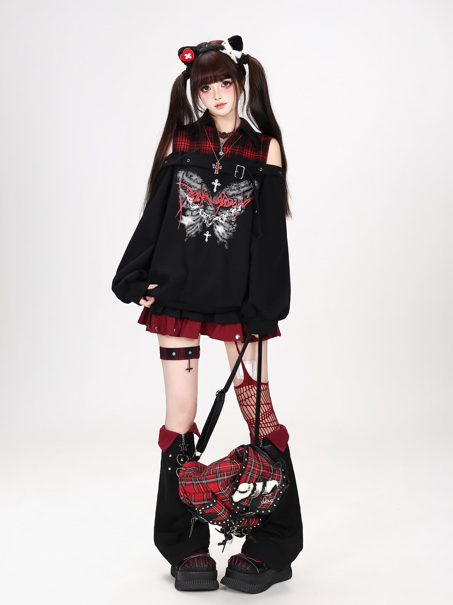 Crazy Girl Butterfly Plaid Patchwork Half Zip Turndown Collar Women&