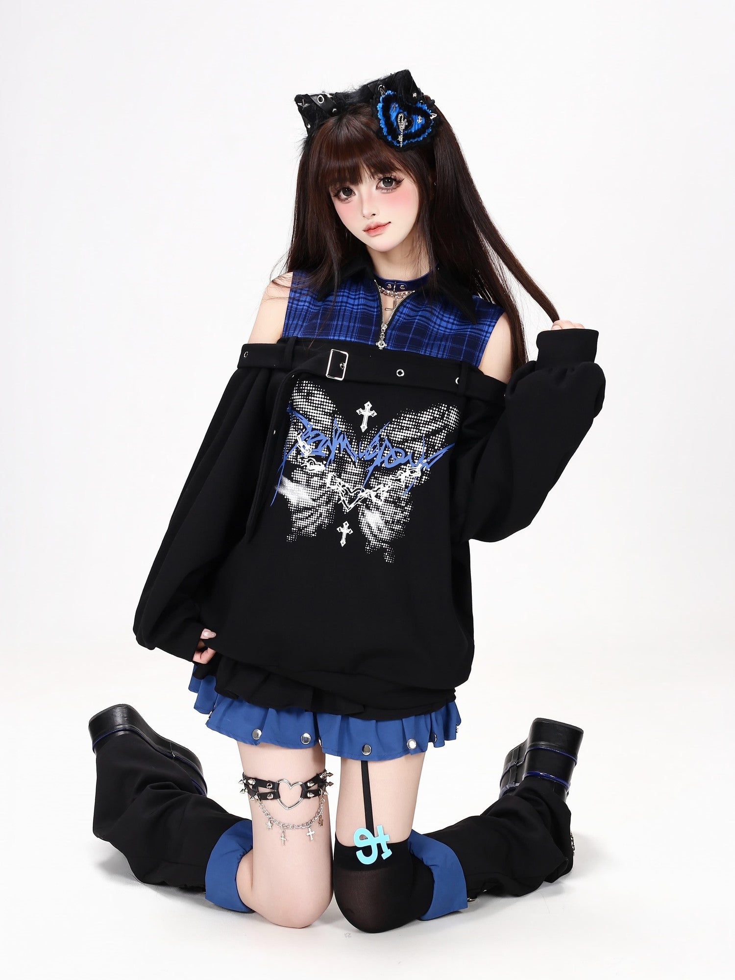 Crazy Girl Butterfly Plaid Patchwork Half Zip Turndown Collar Women&