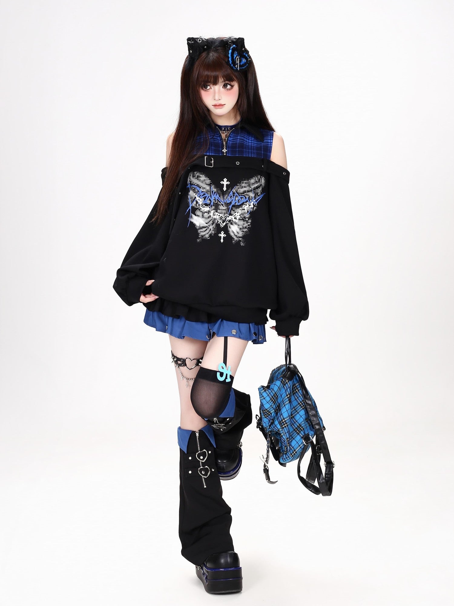 Crazy Girl Butterfly Plaid Patchwork Half Zip Turndown Collar Women&