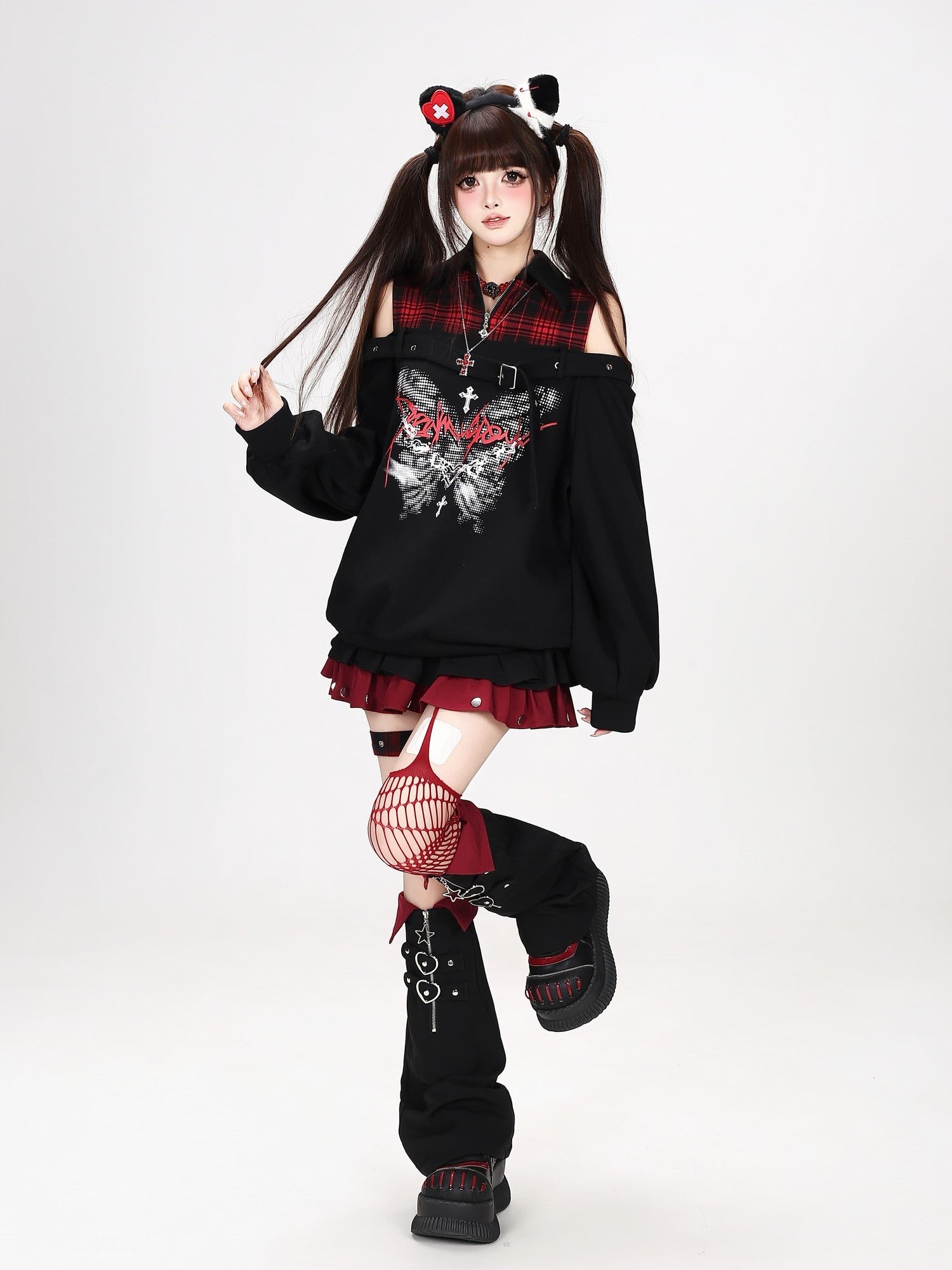 Crazy Girl Butterfly Plaid Patchwork Half Zip Turndown Collar Women&