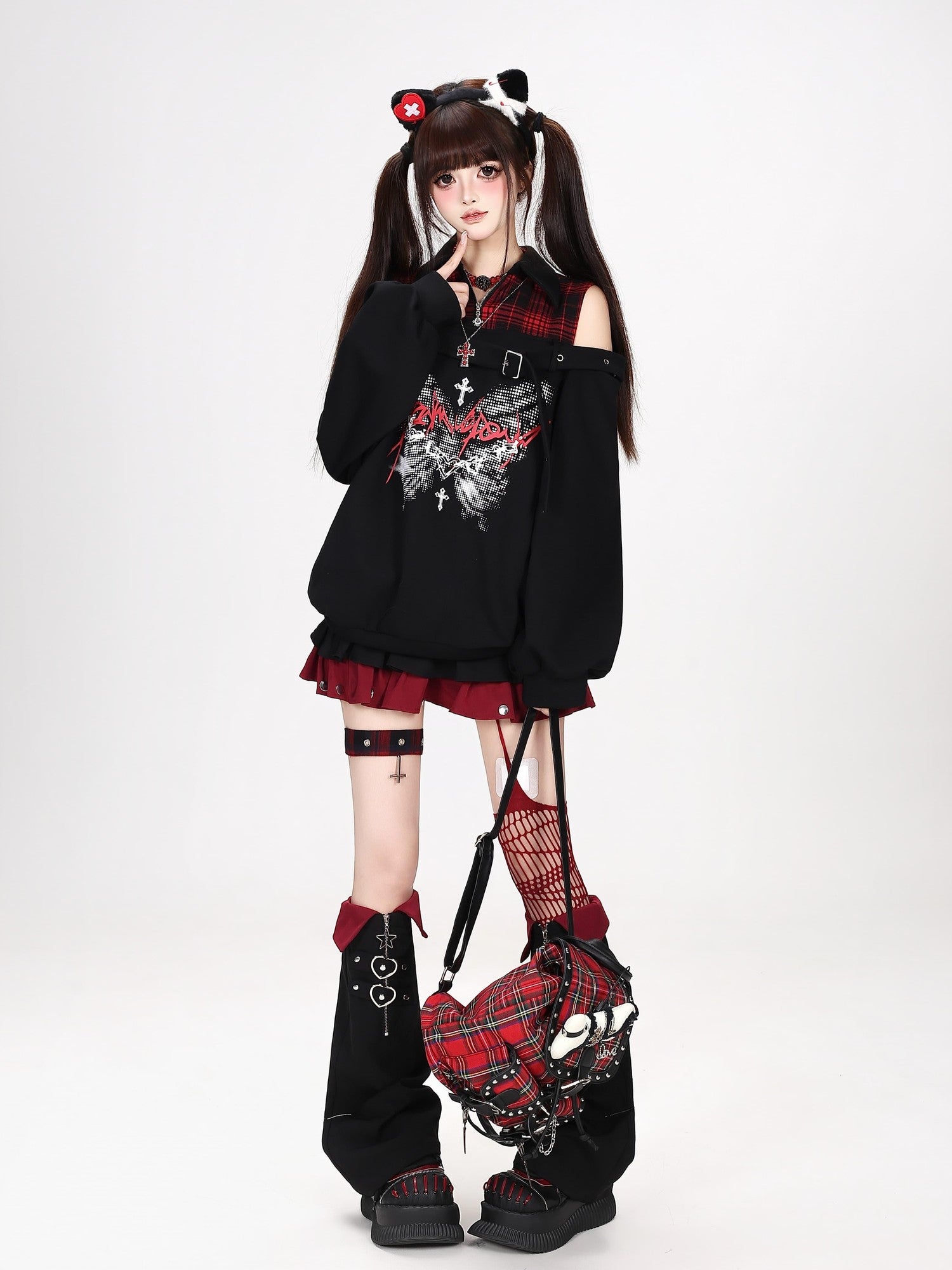 Crazy Girl Butterfly Plaid Patchwork Half Zip Turndown Collar Women&