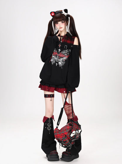 Crazy Girl Butterfly Plaid Patchwork Half Zip Turndown Collar Women&