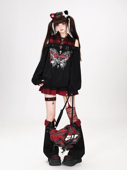 Crazy Girl Butterfly Plaid Patchwork Half Zip Turndown Collar Women&