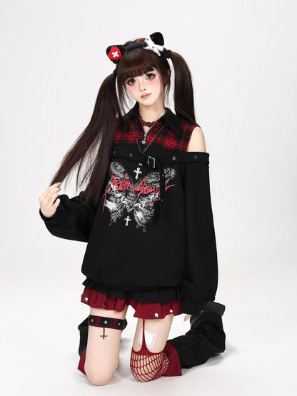 Crazy Girl Butterfly Plaid Patchwork Half Zip Turndown Collar Women&