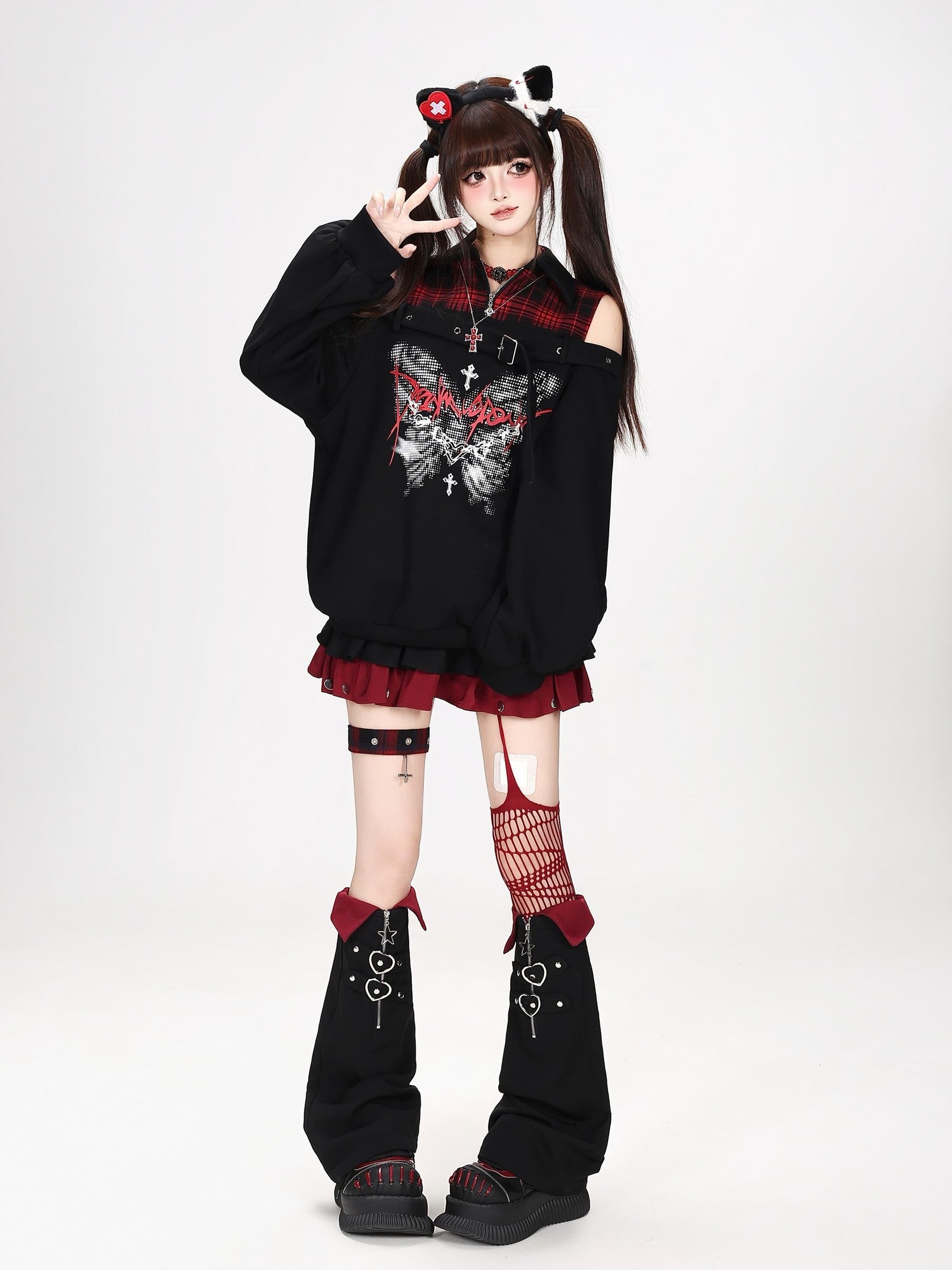 Crazy Girl Butterfly Plaid Patchwork Half Zip Turndown Collar Women&