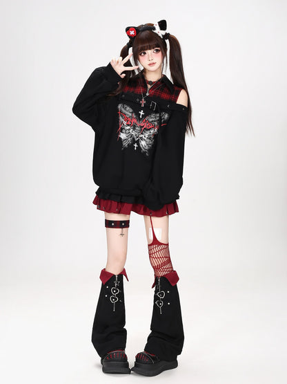 Crazy Girl Butterfly Plaid Patchwork Half Zip Turndown Collar Women&