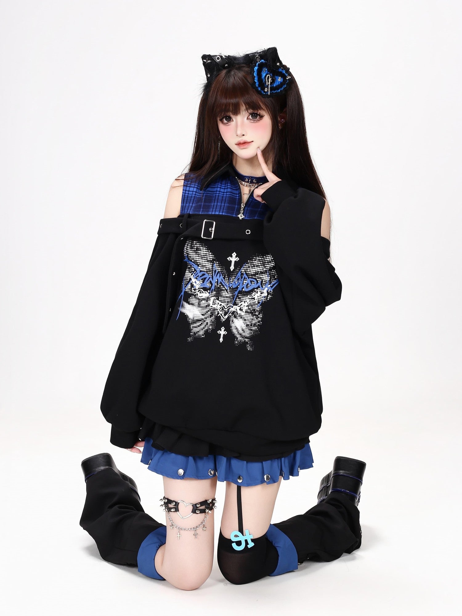 Crazy Girl Butterfly Plaid Patchwork Half Zip Turndown Collar Women&