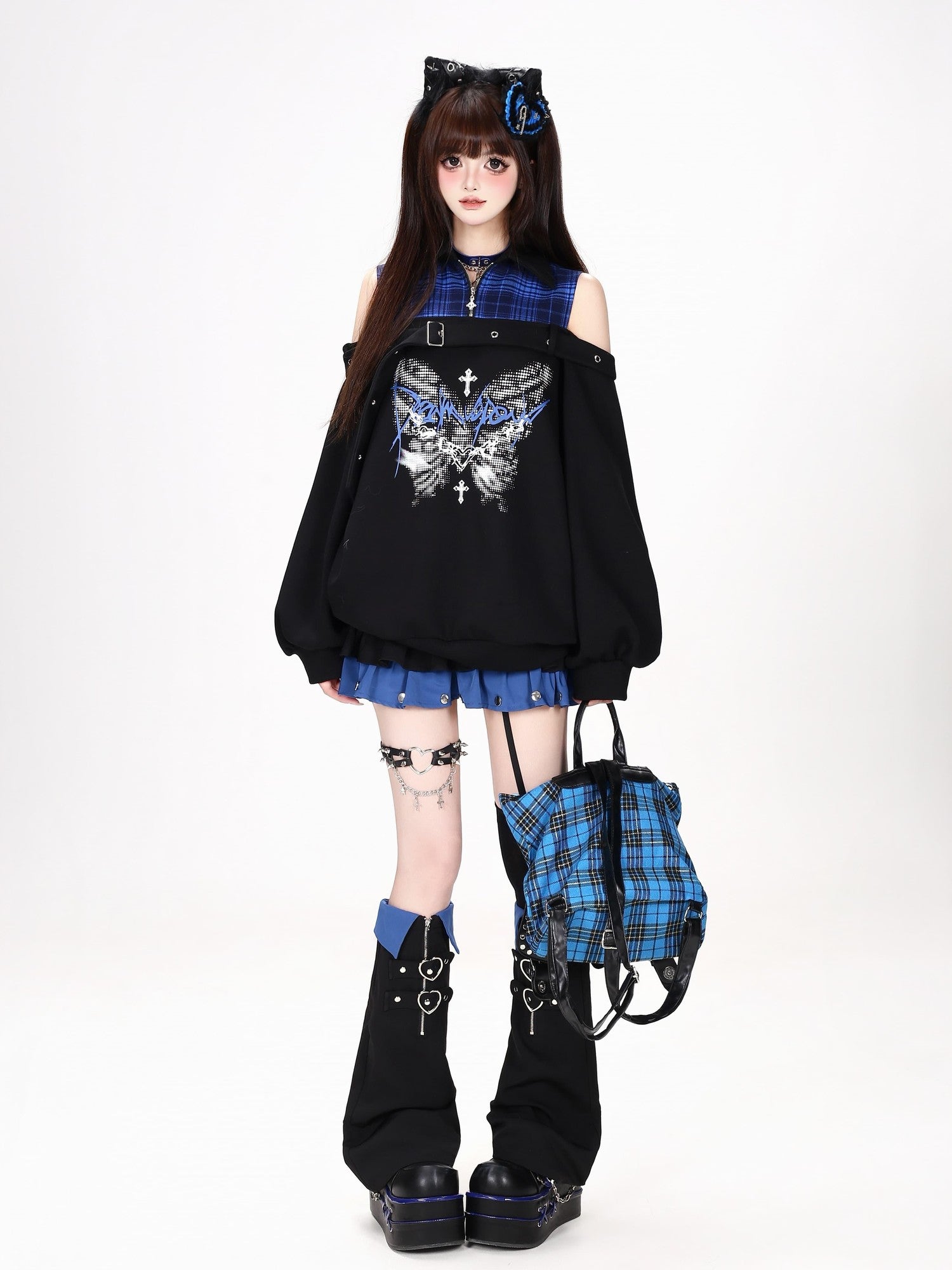 Crazy Girl Butterfly Plaid Patchwork Half Zip Turndown Collar Women&