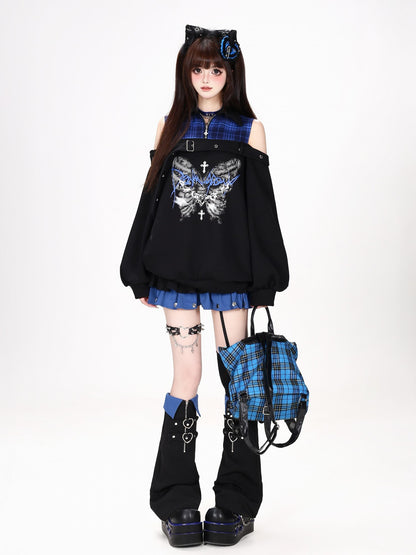 Crazy Girl Butterfly Plaid Patchwork Half Zip Turndown Collar Women&