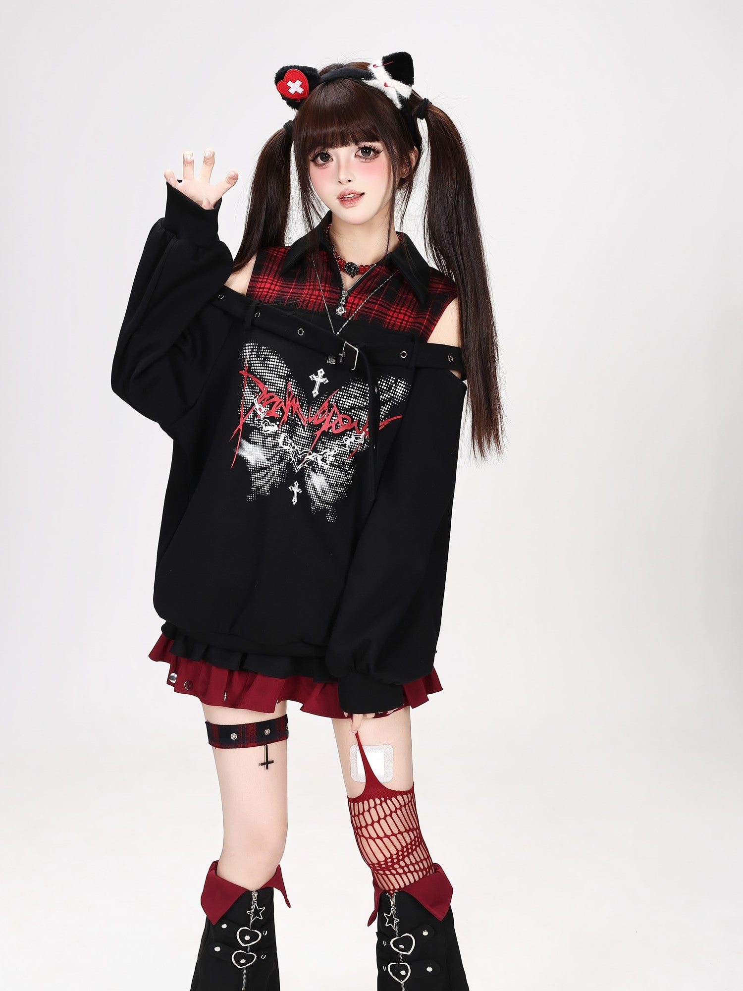 Crazy Girl Butterfly Plaid Patchwork Half Zip Turndown Collar Women&